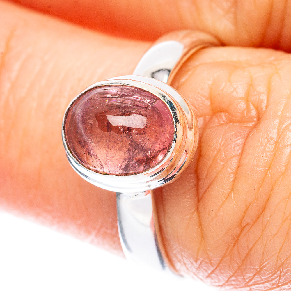 Sterling silver ring with round pink tourmaline gemstone in bezel setting