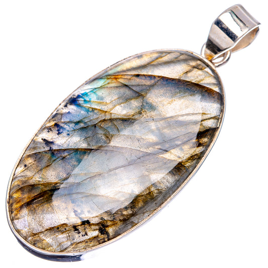 Oval labradorite pendant with silvery wire bezel and blue-yellow flashes, hanging bail