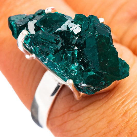 Raw dioptase ring in .925 sterling silver with chunky green crystal, size 7