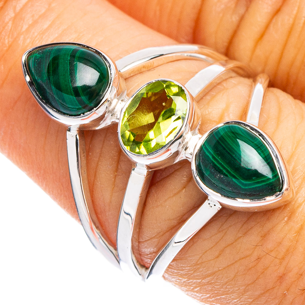 925 sterling silver ring with oval malachite and peridot green stones, polished finish