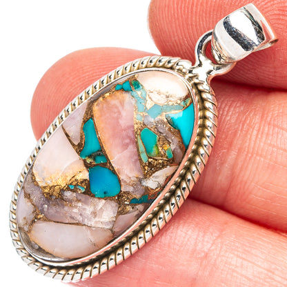 Sterling silver oval opal pendant detail with turquoise and pink stone inlay, bail loop