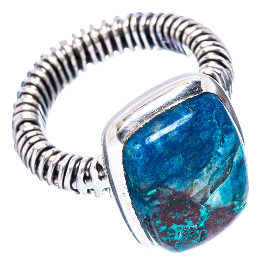 Sterling silver shattuckite ring with spiral band and oval blue-green gemstone, side view