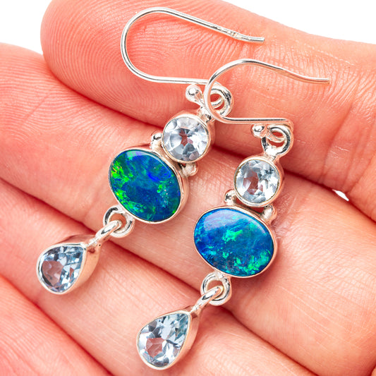 Rare Doublet Opal, Blue Topaz Earrings 1 3/4" (925 Sterling Silver) E1580