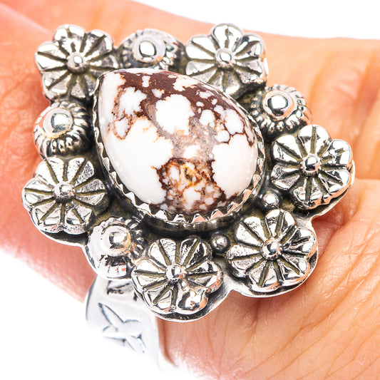 Sterling silver adjustable ring with oval white-and-brown wild horse jasper center and floral details