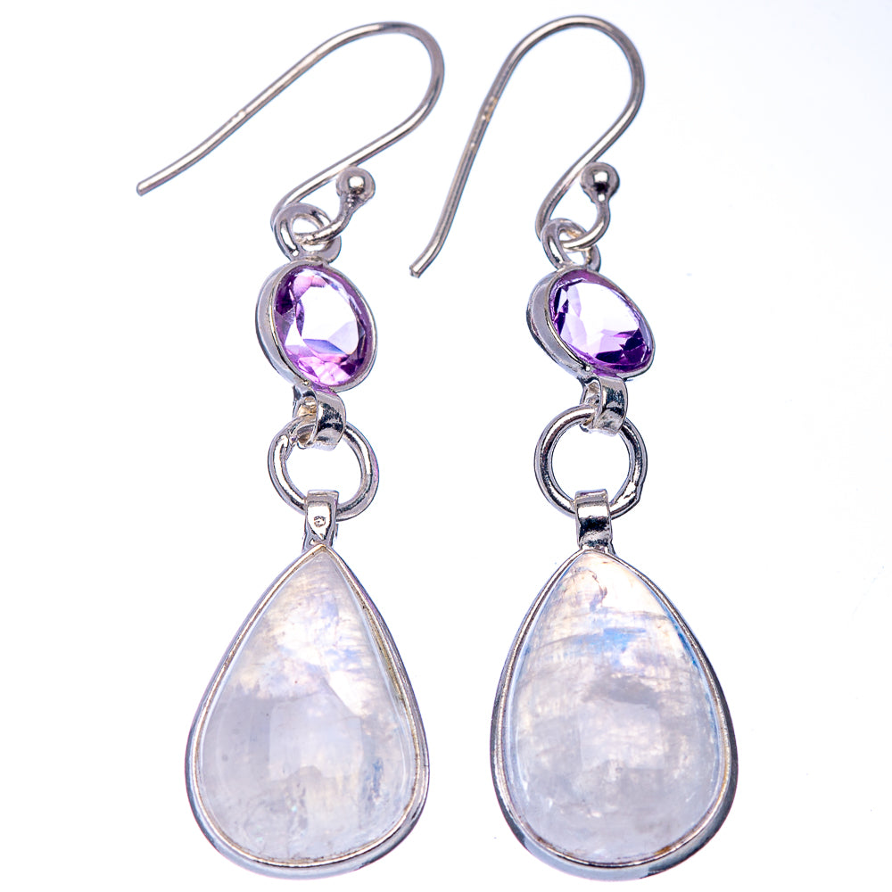 Rainbow Moonstone, Amethyst Earrings 1 7/8" (.925 Sterling Silver)