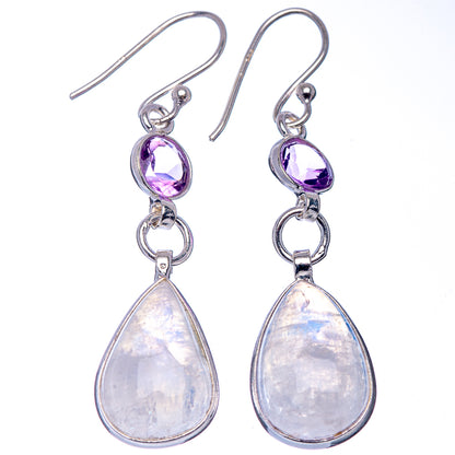 Rainbow Moonstone, Amethyst Earrings 1 7/8" (.925 Sterling Silver)