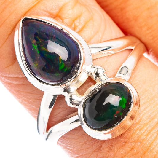 Black opal cabochon ring, size 8.75, two oval stones in .925 sterling silver