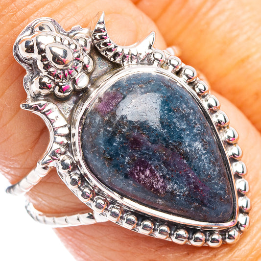Sterling silver ornate oval gemstone ring with blue and purple cabochon, size 7.75