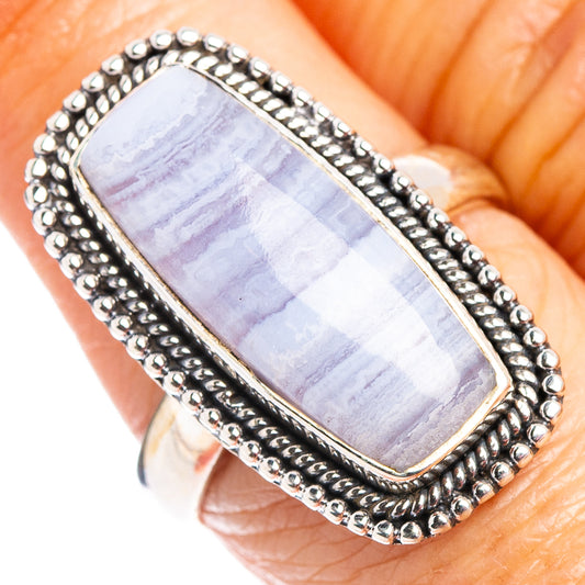Sterling silver ring with rectangular blue lace agate and beaded border