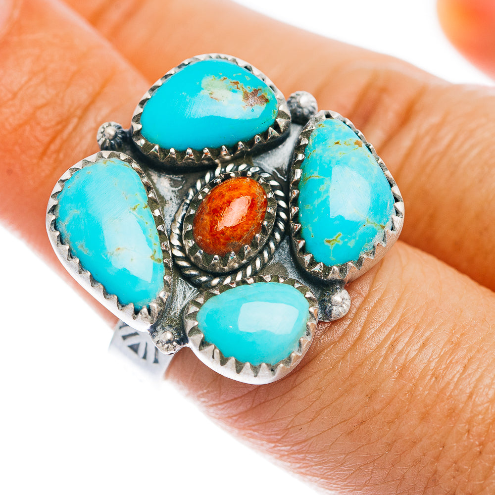 Exclusive Southwestern Style Kingman Turquoise, Sponge Coral Ring Size 6 Adjustable (.925 Sterling Silver)