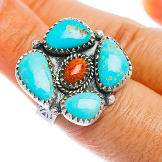 Exclusive Southwestern Style Kingman Turquoise, Sponge Coral Ring Size 6 Adjustable (.925 Sterling Silver)