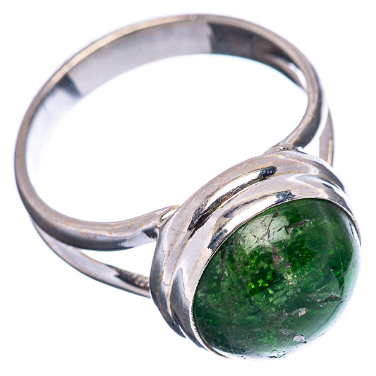 Sterling silver band ring with green oval diopside cabochon and split shank