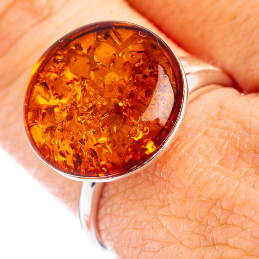 Adjustable ring with round cognac Baltic amber cabochon, .925 sterling silver