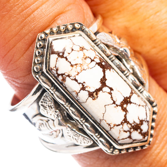 Wild horse jasper ring with long rectangular stone, engraved silver shank detail