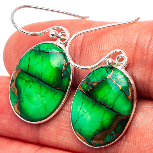 Teardrop green turquoise dangle earrings with .925 sterling silver hooks, copper matrix