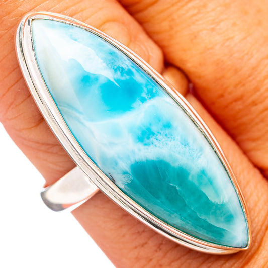 Larimar gemstone ring in .925 sterling silver, oval blue-green marbled stone