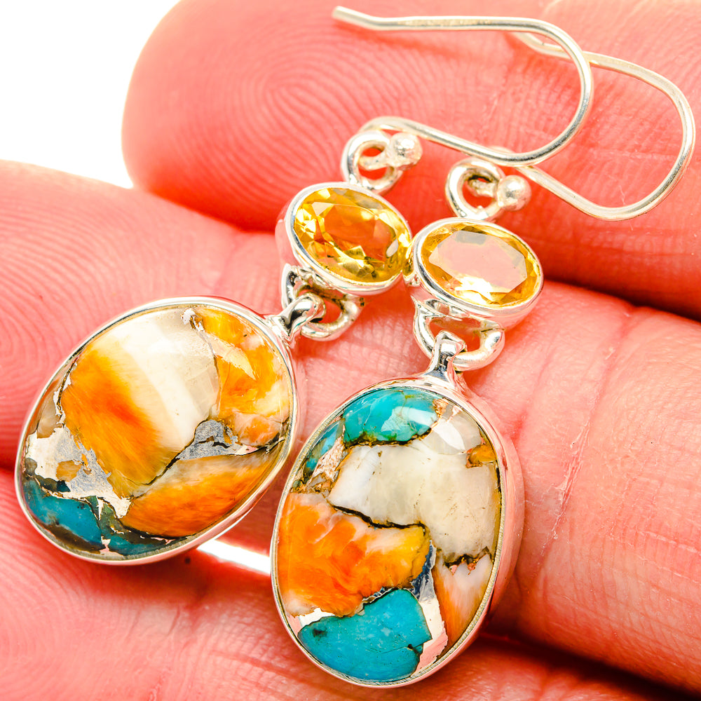 Spiny Oyster Turquoise, Citrine Earrings 1 3/4" (925 Sterling Silver) EARR432082