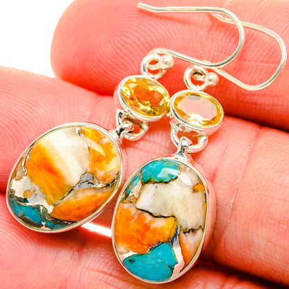 Spiny Oyster Turquoise, Citrine Earrings 1 3/4" (925 Sterling Silver) EARR432082