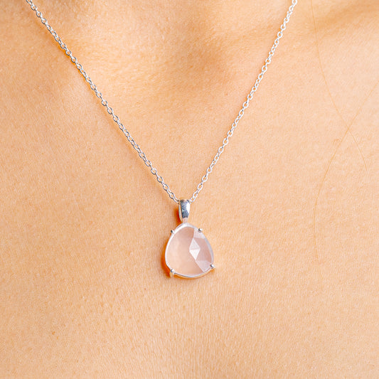 Rose quartz pendant necklace with oval pink stone on .925 sterling silver chain