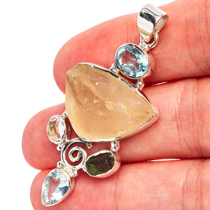 Signature Libyan Desert Glass, Moldavite, Blue Topaz, Herkimer Diamond Pendant 2" (.925 Sterling Silver)
