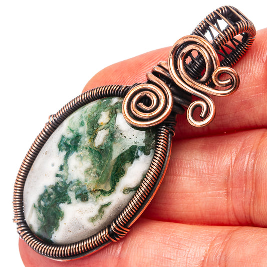 Oxidized copper wire wrap moss agate pendant with oval cabochon and spiral details