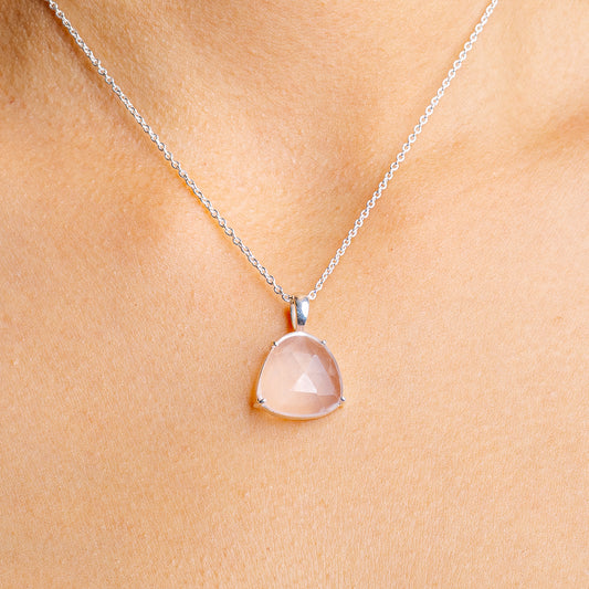Rose quartz pendant necklace with 925 sterling silver chain and teardrop pink stone