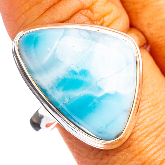 Sterling silver Larimar ring with large oval blue stone set in a bezel