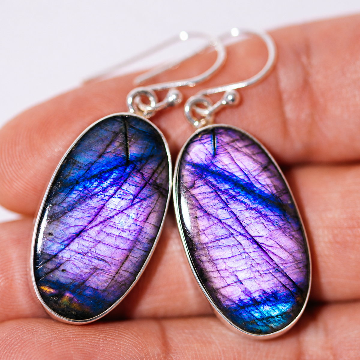 Premium Spectrolite Earrings 1 3/4" (.925 Sterling Silver)
