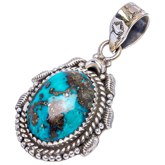 Turquoise oval pendant .925 sterling silver with textured rope edge and bail