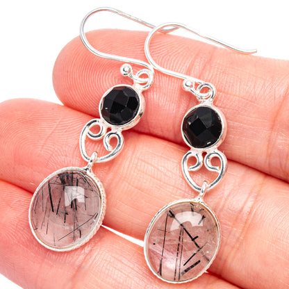 Sterling silver drop earrings: black onyx cabochons and rutilated quartz ovals