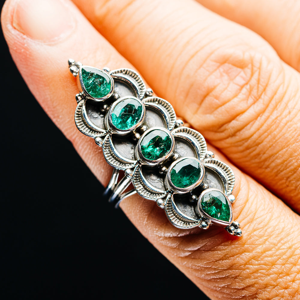 Five-oval green gemstone sterling silver ring with filigree bezel and prong details