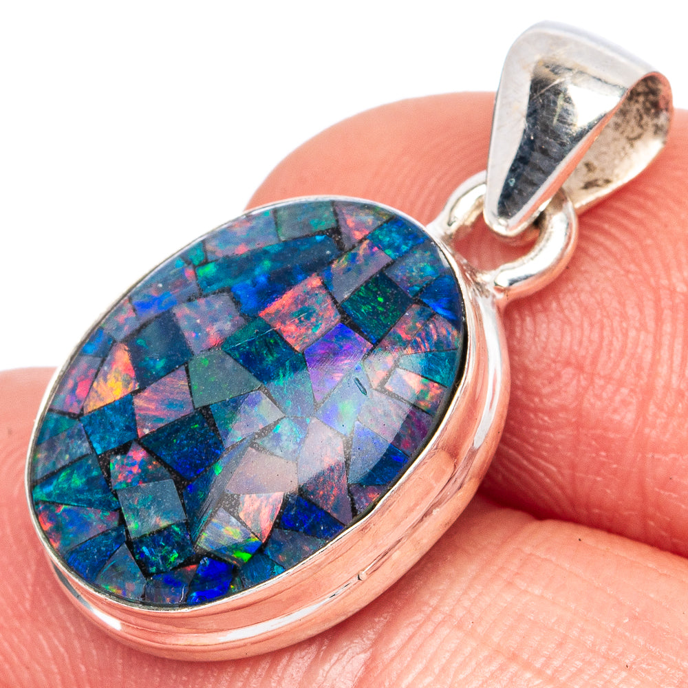 925 sterling silver opal triplet teardrop pendant, multicolor mosaic inlay