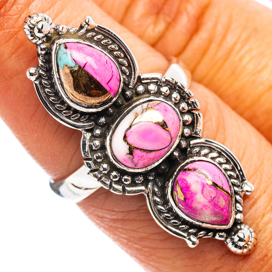 Turquoise and pink oval stone ring in .925 sterling silver, three bezel-set stones.