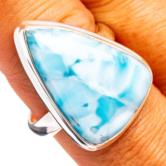 Sterling silver larimar ring with oval blue stone, polished bezel