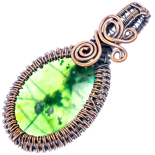 Oxidized copper wire-wrap pendant with green teardrop gemstone, spiral bail