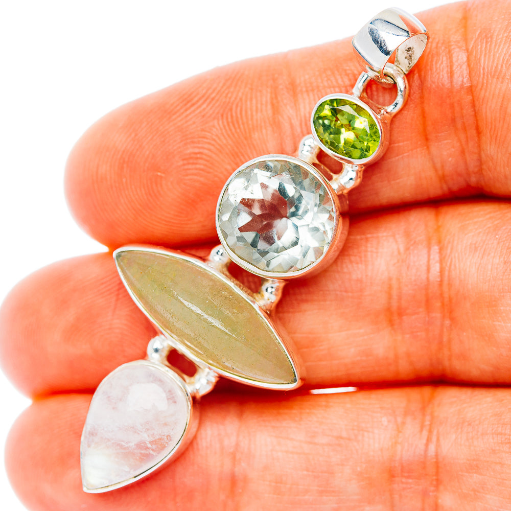 Premium Multi-Gem Rainbow Moonstone, Prehnite,Green Amethyst, Peridot Pendant 2 1/4" (.925 Sterling Silver)