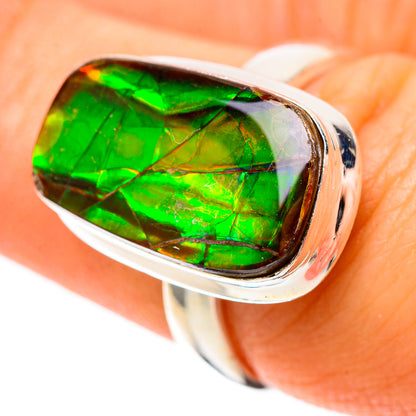 Green ammolite gemstone ring in polished 925 sterling silver, oval bezel setting