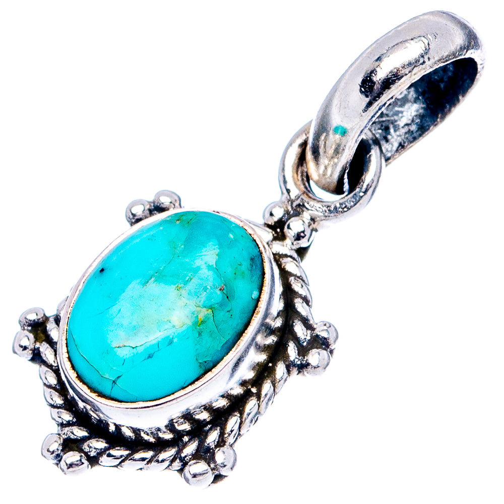 Oval turquoise cabochon sterling silver pendant charm with raised frame and side beads