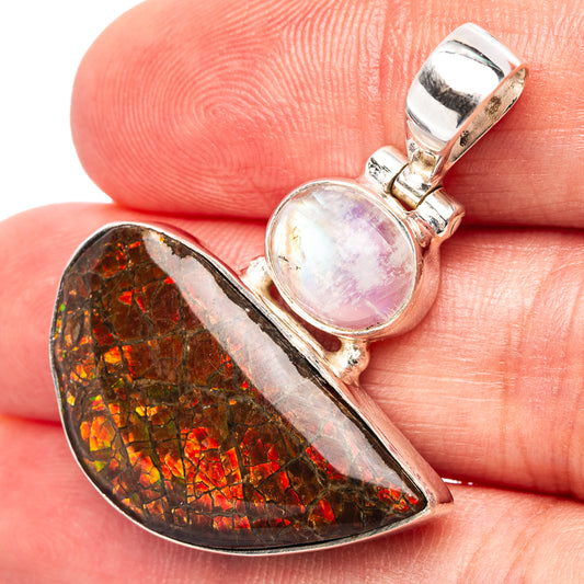 Sterling silver pendant with ammolite teardrop and round rainbow moonstone