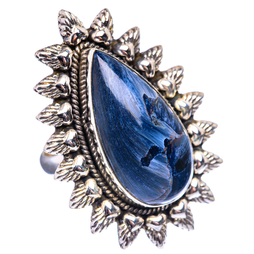 Sterling silver ring featuring a teardrop-like oval blue pietersite cabochon in leaf setting