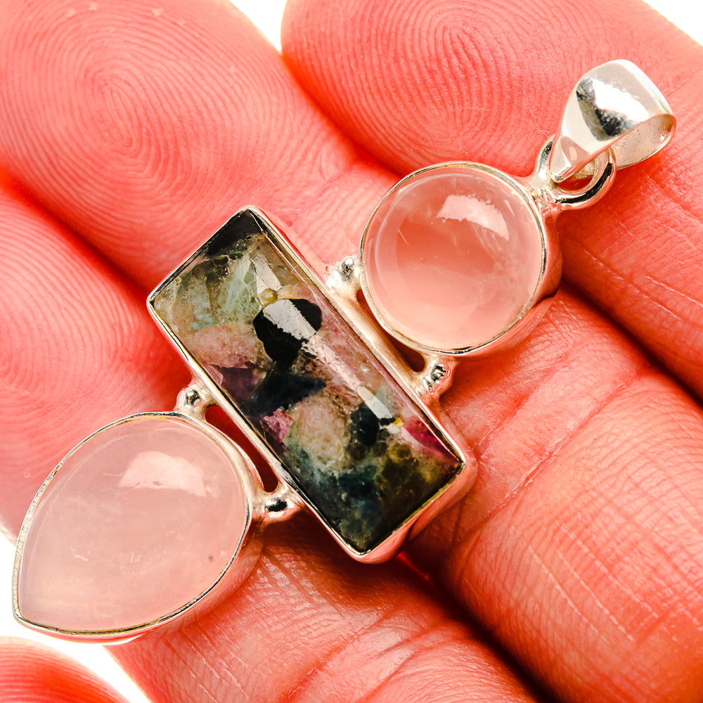 Rose quartz and tourmaline pendant in 925 sterling silver, pink round and green rectangle