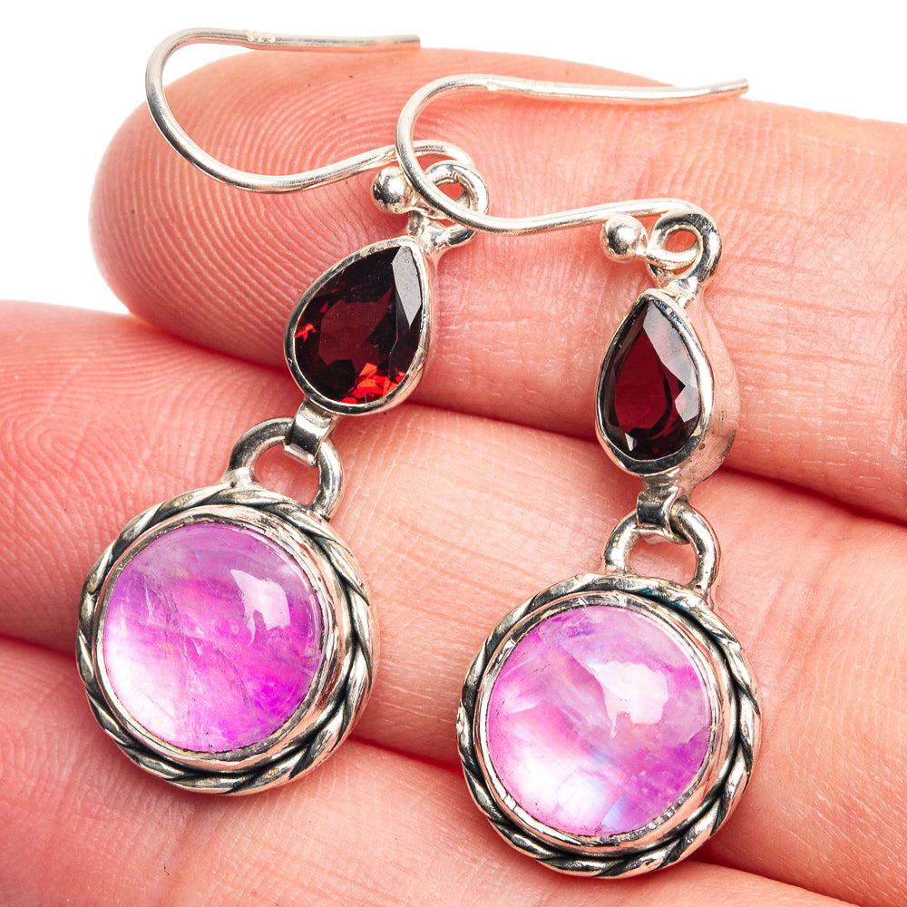 Pink Moonstone, Garnet Earrings 1 5/8" (925 Sterling Silver) E432580