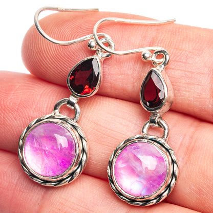 Pink Moonstone, Garnet Earrings 1 5/8" (925 Sterling Silver) E432580