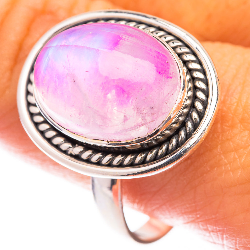 Sterling silver pink moonstone ring, oval cabochon with rope border, size 11.25