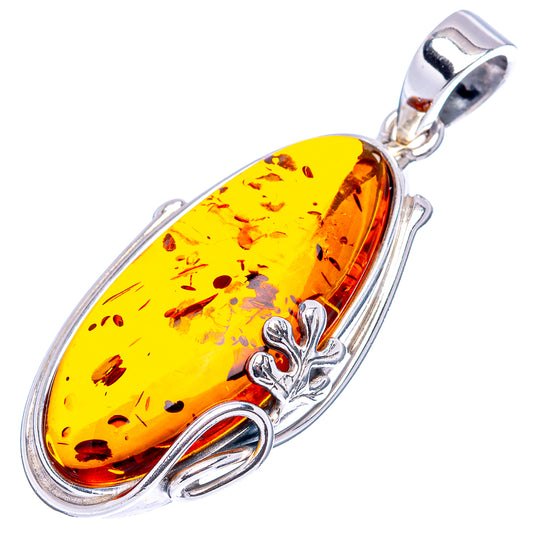 Amber teardrop pendant in 925 sterling silver, leaf centerpiece and loop bail