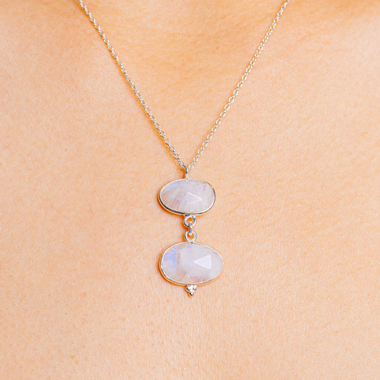 Sterling silver necklace with two oval rainbow moonstone pendants