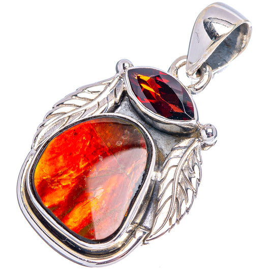 Sterling silver ammolite pendant with large oval and small red gemstone, leaf detail