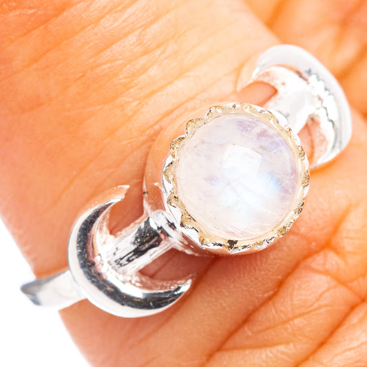 Sterling silver dainty ring with round opalescent moonstone and beaded halo
