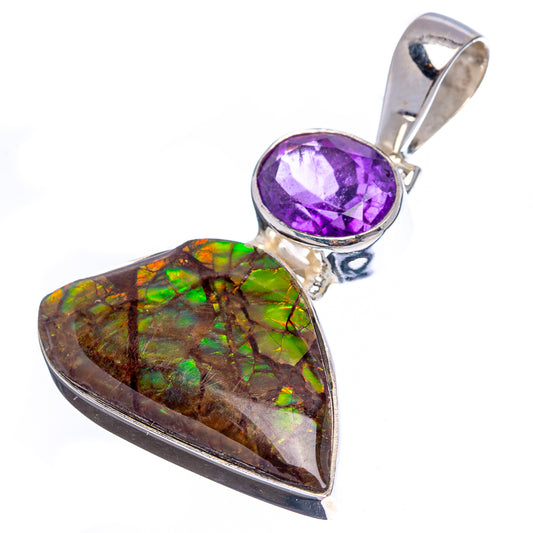 Sterling silver pendant with iridescent ammolite teardrop and oval purple amethyst