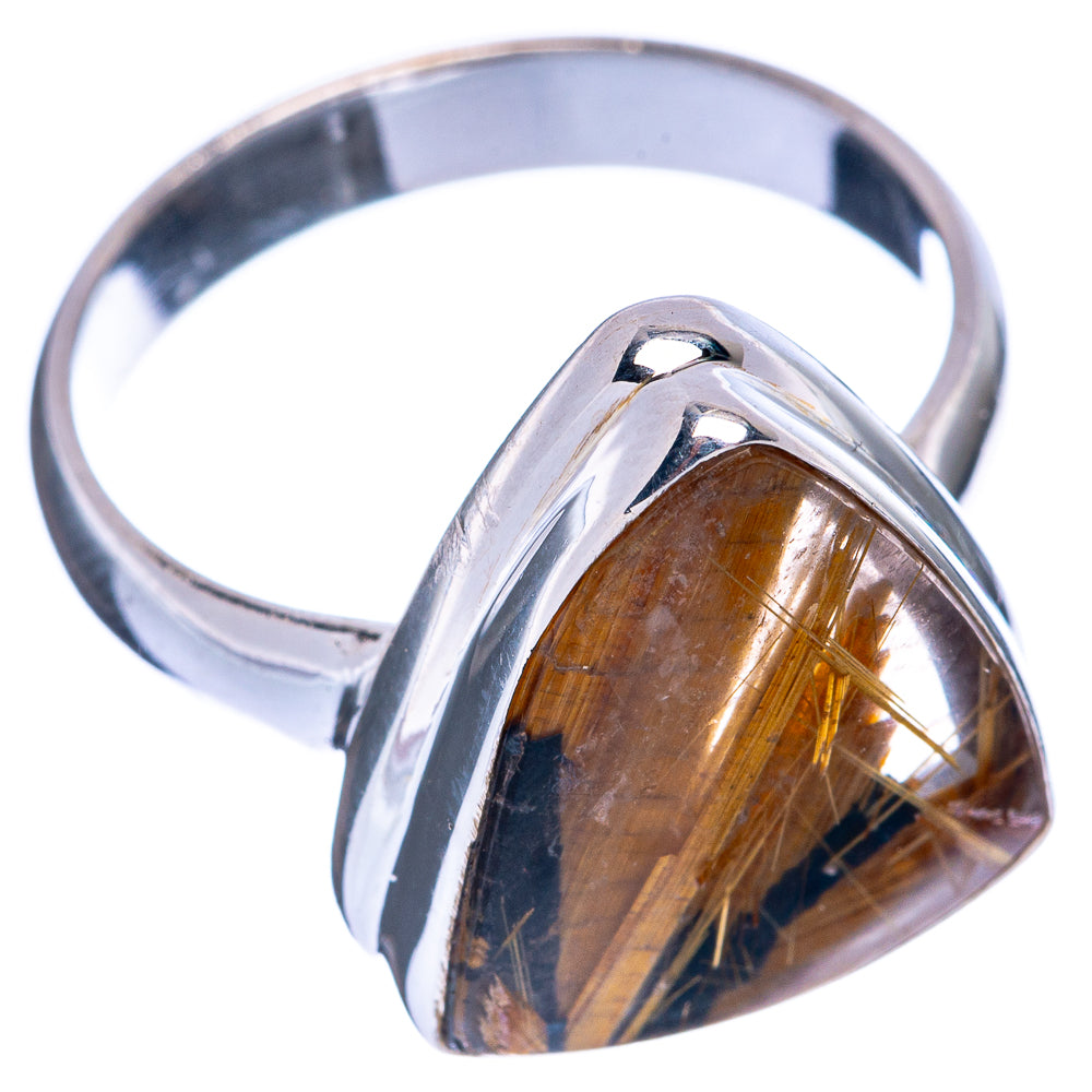 Sterling silver rutilated quartz ring with oval setting, golden-brown stone with gold threads